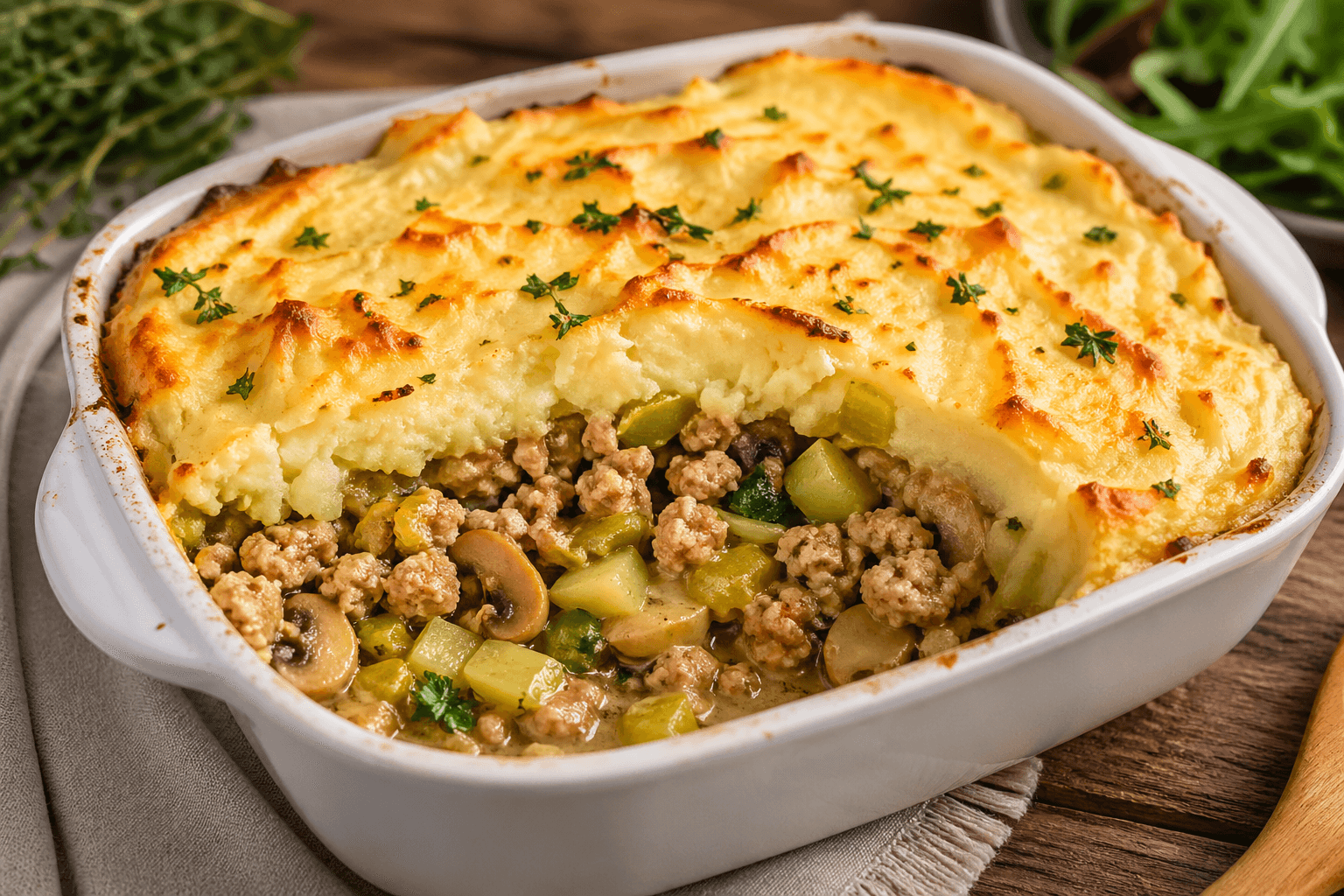 Low-carb pastiersky koláč zapečený v bielej mise